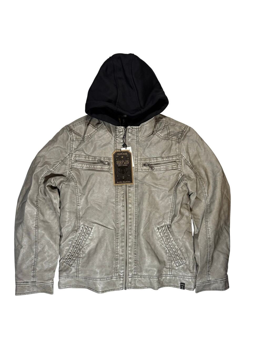 Surplus Faux Leather Bomber Jackie Gray Black Hood Fleece Lined Men’s Medium